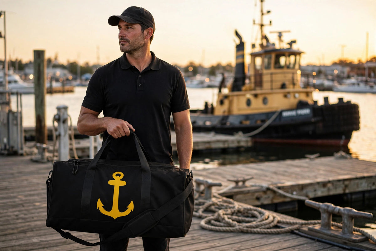 Personalized Sea Bag shown carried by a captain on the dock — for scale